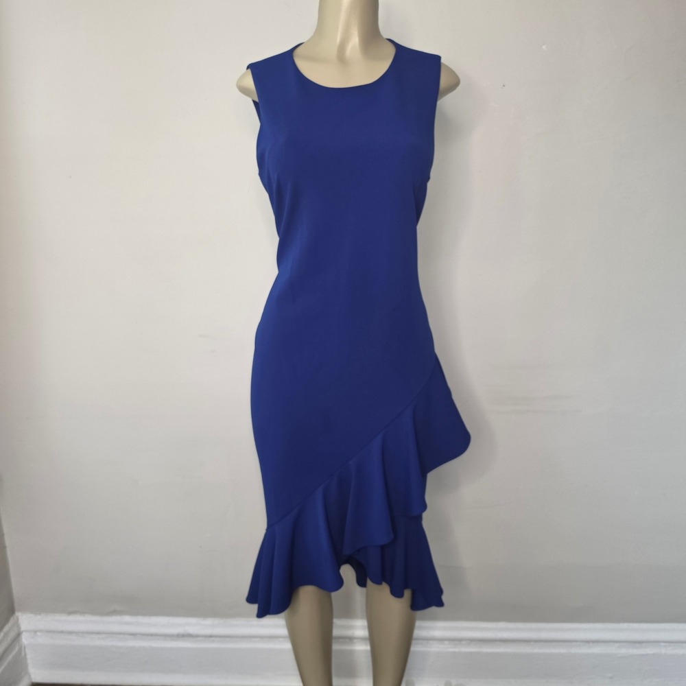 Calvin Klein Dress Womens 12 Blue Asymmetrical Ruffle Hem Sheath Sleeveless Midi